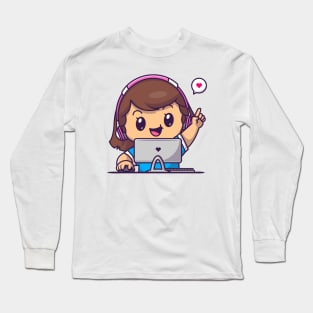 Cute Gamer Girl Playing Computer Cartoon Long Sleeve T-Shirt